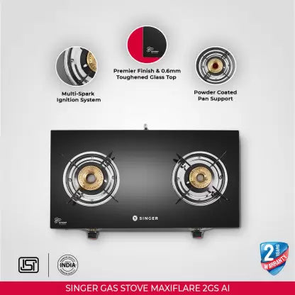 Singer SGS MF2GSAIBE Glass, Stainless Steel Automatic Gas Stove  (2 Burners) Singer SGS MF2GSAIBE Glass, Stainless Steel Automatic Gas Stove  (2 Burners)
